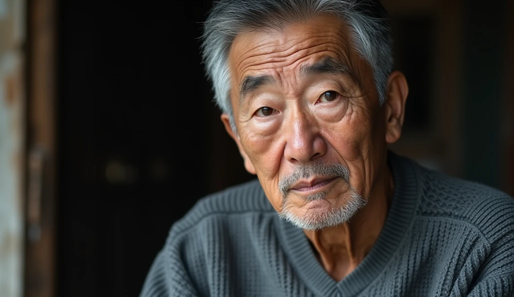 old Korean man of age around 55 years wearing grey sweater, close up