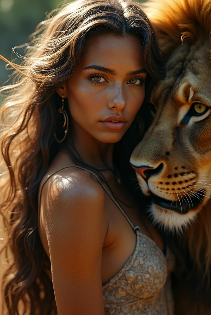 Ultra Detailed Beautiful Girl, with Fierce Lioness, Cinematic, Cinematic Light, Realistic, 3d Rendering, Highly Detailed Face, Highly Detailed, Realistic Appearance, Lifelike, Realistic Girl, Highly Detailed Hair