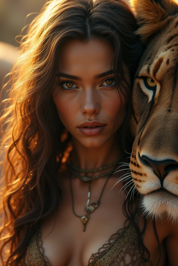 Ultra Detailed Beautiful Girl, with Fierce Lioness, Cinematic, Cinematic Light, Realistic, 3d Rendering, Highly Detailed Face, Highly Detailed, Realistic Appearance, Lifelike, Realistic Girl, Highly Detailed Hair