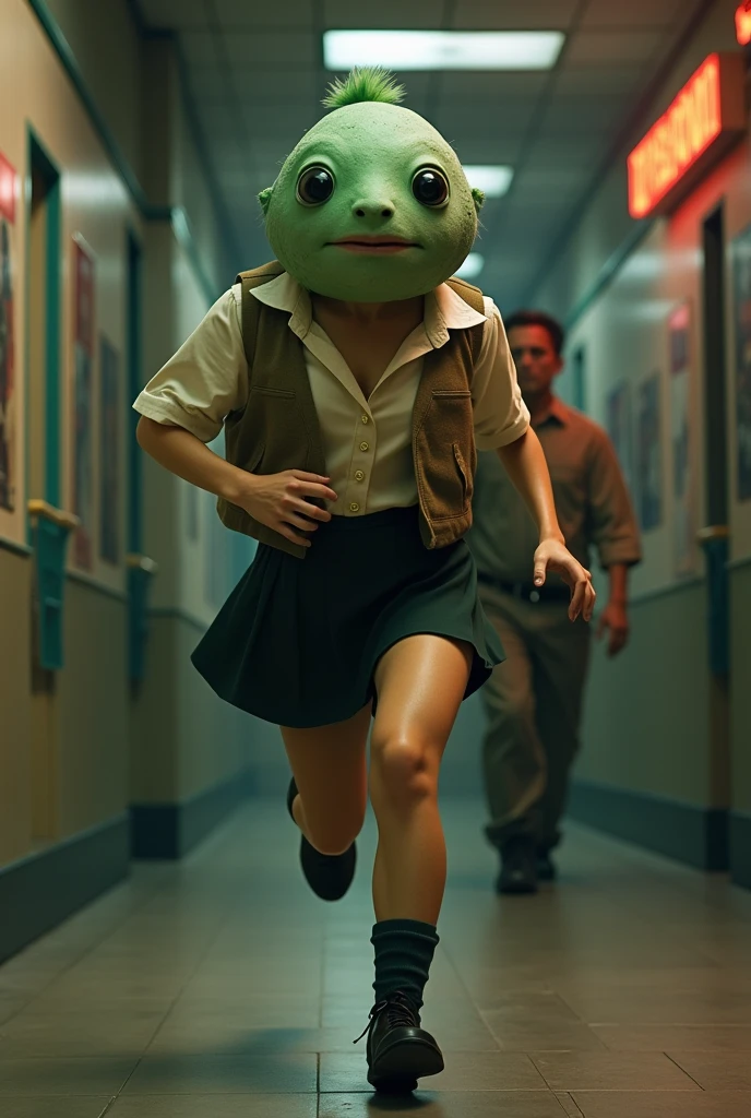 ((Highest quality)), ((photorealistic, hyperrealistic photo, portrait)), (front), (smile:1.6), (The upper half of the pufferfish is green.), (Short sleeves), ((No hair)), (The Kusafugu has 20% of the facial features of a human female.), (horror movie posters:1.5), ((Jason:1.8)), (クサフグ対Jason), A pufferfish with a very realistic head, A woman with a human body, オフホワイトで襟付きのShort sleevesシャツに薄茶色のベストを着てひざ丈の黒いスカートに濃い緑色の短い靴下と黒の靴を履いてる, Jasonに追われて全力で走っている, Photorealistic images,