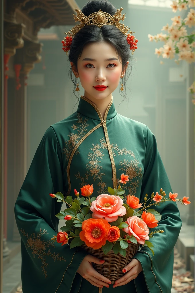 As for the woman, she had an oval face and was quite a beauty. She wore a chinese dark green palatial dress, and she was holding a basket of flowers