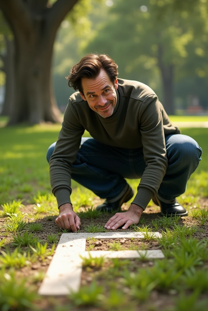 A man in a park writing F alphabet on ground he is famous for his comedy in hollywood jim carrey