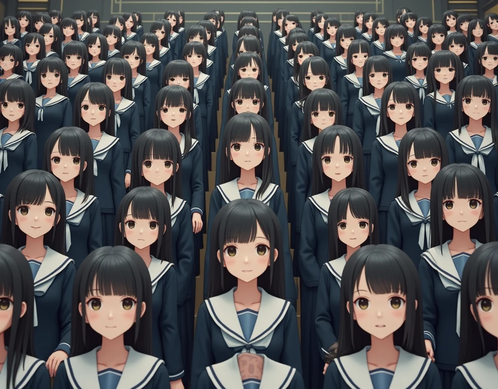 (Japanese Clone-girls=Myself), (Super Best masterpiece Clone-girls Raw Photography Art), (16K, Highest quality, Ultra-high resolution, RAW Photos), (It's so unrealistic., With unparalleled depiction, With an unfathomable sight, An unprecedented and shocking worldview, Clone-girls: In a world of mass reproduction, Ultra-realistic), (Japanese Girls, , Small face, Thick black hair, long hair, Dark Eyes, Mature face, Cute Smile, Smiling face, A gentle gaze, Very pleasant look), (Very beautiful detailed girls, Accurate body structure, Accurate body movements, Very detailed body, (Super big breasts, Large bulge of ample breasts)), ((Schoolgirl uniform, Short sleeve, mini skirt, Emphasise the fullness of your breasts)), (Very detailed, Myself cloning, Depiction of splitting oneself, 1Myself girl→1,000,000,000,000,000,000,000,000,000,000Myself cloning girls), (Myself clone girlsは, With the same perfect appearance without any difference, to multiply in large numbers), (Very detailed depiction, Myself's multiplying female body, In the same female body,With the same face, With the same hairstyle, In the same clothes, At the same height, 同じSuper big breastsで, The same female body that is completely indistinguishable, 1,000,000,000,000,000,000,000,000,000,000 people), (Myself girls only), (Academy, academic level, Commemorative photo depiction, Tiered stage photography, Happy smile, Front view)