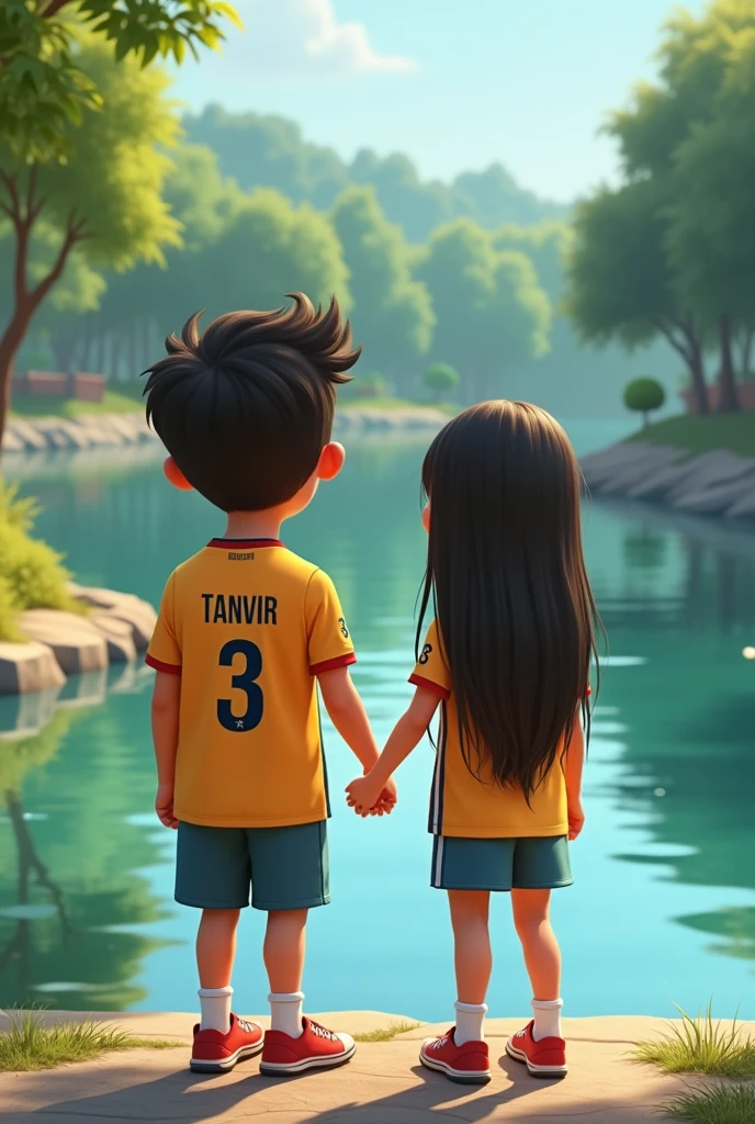 Create animation character 30 year old. Boy and his sister standing the river side. His jersey name Tanvir and his sister jersey name Lamisa.