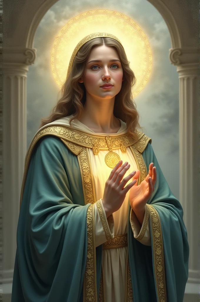 "Design an image featuring Saint [Saint's Name] with a soft, sacred background. Include the text 'Saint [Name]' and a concise description of their role in Catholicism. Ensure the style is reverent and classic."
