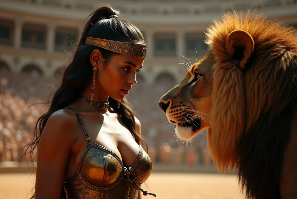 (RAW photo), (Realistic,24k), (photo-realistic), ultra high resolution, masterpiece, highest quality, portrait, facial portrait, perfect lighting, detailed lighting, dramatic shadow, ray tracing, 1 beautiful slave girl, , ((Idol face)), perfect anatomy, dark skin, Voluptuous, cleavage, symmetrical eyes, beautiful detailed brown eyes, chubby lips, big thick thighs, abs, muscle, shortcut hair, black hair, half open mouth, ((wearing a erotic Gladiator costume)), ((in Rome Arena)), (((fight with Lion))),