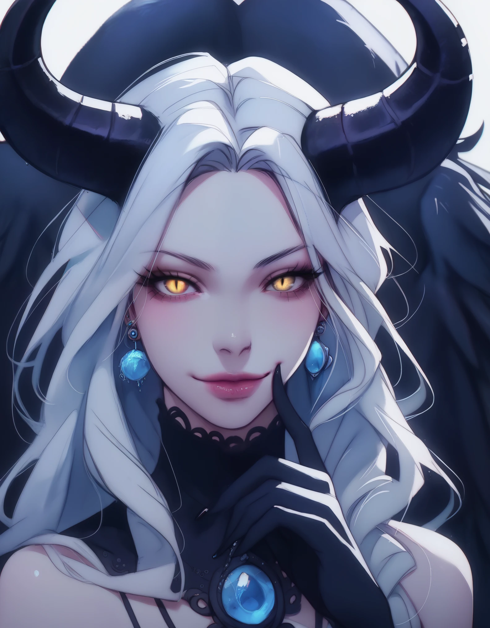 A demonic and seductive looking anime character, with black wings, long dark flowing hair, bright golden eyes, and curved horns like those of a ram. has pale skin, a mischievous smile and a playful and mysterious expression, holding a finger to his lips as if silencing someone. She wears a white dress with intricate detailing and gold accents, along with a blue gem on his chest. The scene is dramatically lit., with soft shadows that enhance her sharp features, as the background fades into darkness, adding an enigmatic and magical touch. The style is a mix of anime fantasy with intricate details, Capturing an intense portrait, close and dynamic