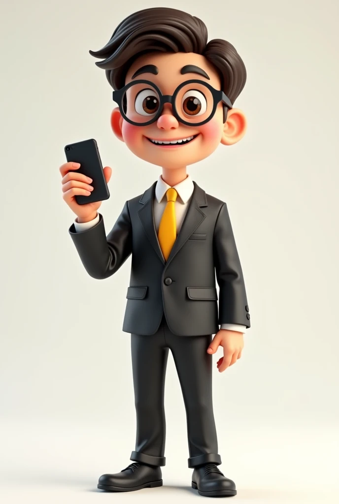 A full body 3D cartoon character. He has a friendly appearance, charismatic and is smiling. The character is a young man with fair skin, dark brown straight hair, bushy eyebrows, big brown eyes and wears glasses. His behavior is cheerful.

The character is dressed formally, wearing a black suit with a yellow tie.

With one hand she is holding a cell phone and with the other she is pointing at the cell phone. The background of the image is neutral, which further highlights the character.