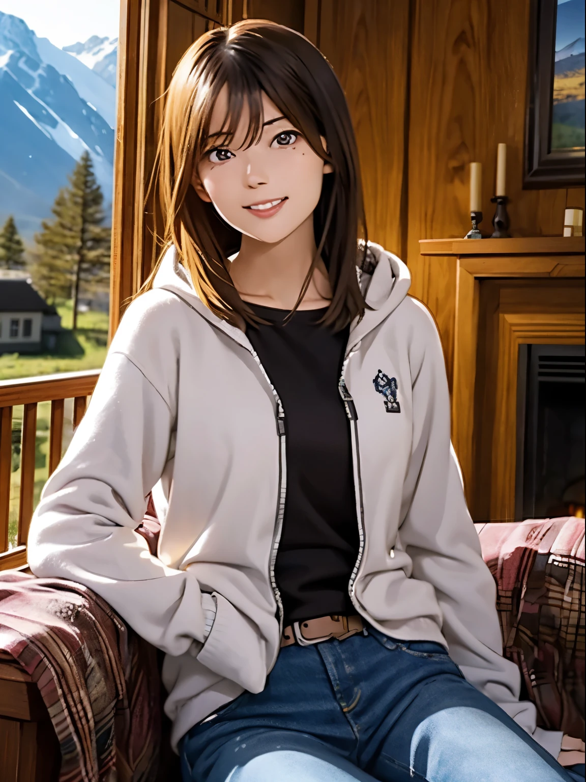 High resolution, 8k, Highest quality, detailed, Semi-realistic anime, Anime 3D Style, Smooth anime CG, One Girl, A 20-year-old Japanese woman, slim, Modeled, Shiny brown hair, detailedな顔, Beautiful and detailed, Glowing Skin, Hard Focus、Film Grain, Soft lighting, Looking at the audience, Laughter, (Woman wearing fleece and jeans), In front of the fireplace in the mountain hut、A warm living room surrounded by wooden furniture