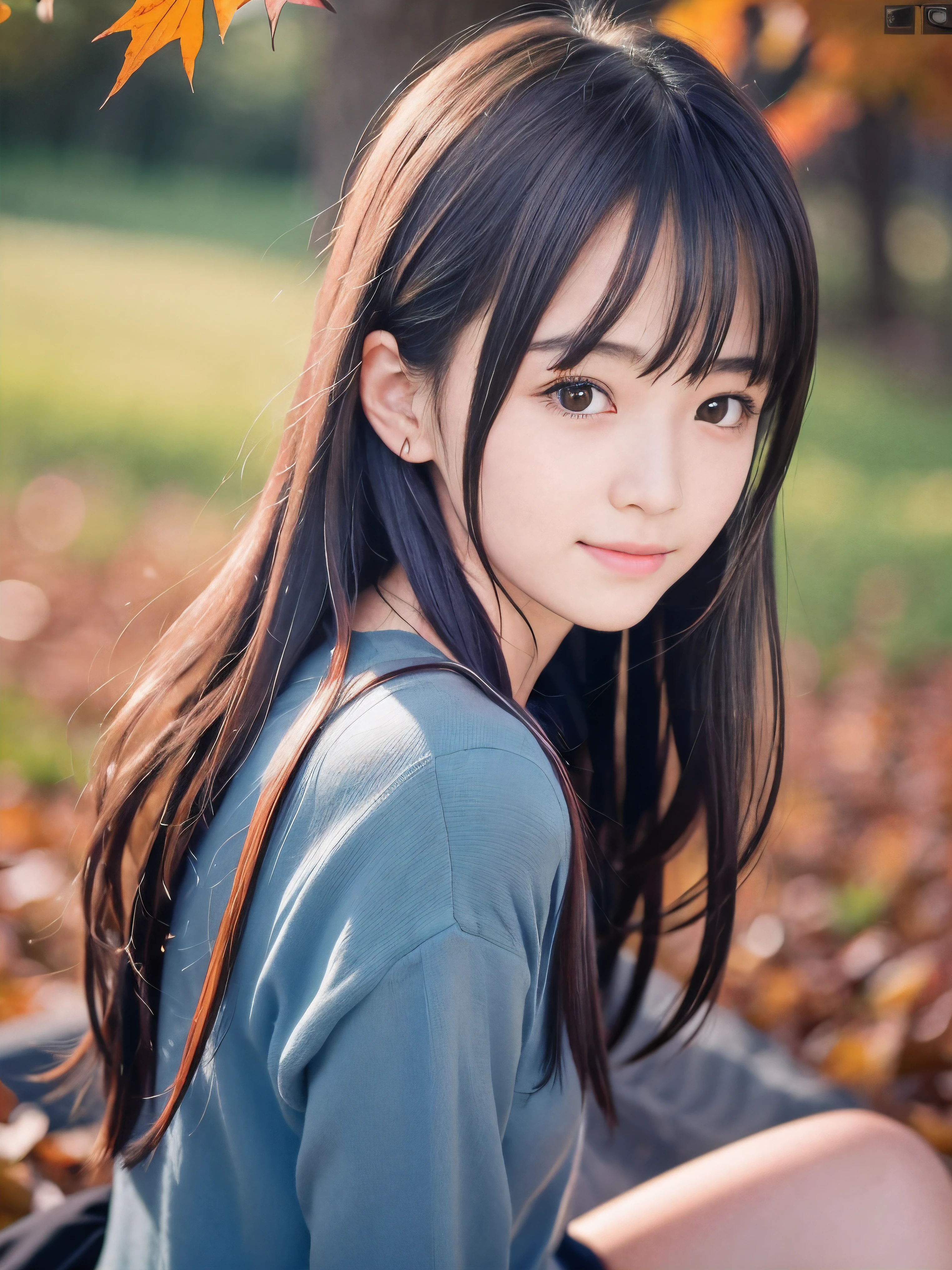 (Close up face shot of one slender small breasts dark silver long hair with swept bangs girl in a long sleeves shirt and sweater and skirt:1.5)、(One girl is looking back with sad smile on the dart road near the lake and big waterfall in Japan:1.5)、(Beautiful autumn red leaves and mountain at sunset time:1.5)、(Natural light:1.5)、(8k ultra detailed master piece:1.5)、(perfect ???????:1.5)、(Photorealistic stick:1.5)、(Raw photo:1.3)、(highest quality:1.5)、(High resolution:1.3)、(Delicate and beautiful perfect face:1.3)、(Delicate and beautiful eye air skin:1.3)、(Real Human Skin:1.3)、((thin legs))