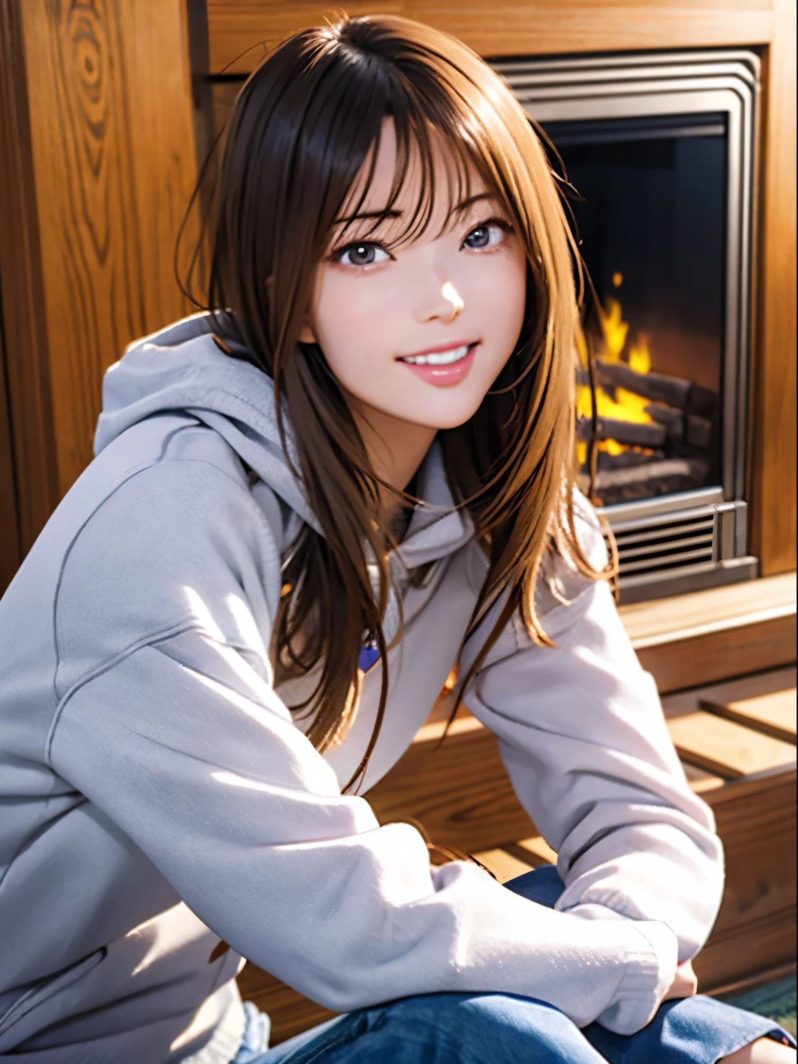 High resolution, 8k, Highest quality, detailed, Semi-realistic anime, Anime 3D Style, Smooth anime CG, One Girl, A 20-year-old Japanese woman, slim, Modeled, Shiny brown hair, detailedな顔, Beautiful and detailed, Glowing Skin, Hard Focus、Film Grain, Soft lighting, Looking at the audience, Laughter, (Woman wearing fleece and jeans), In front of the fireplace in the mountain hut、A warm living room surrounded by wooden furniture