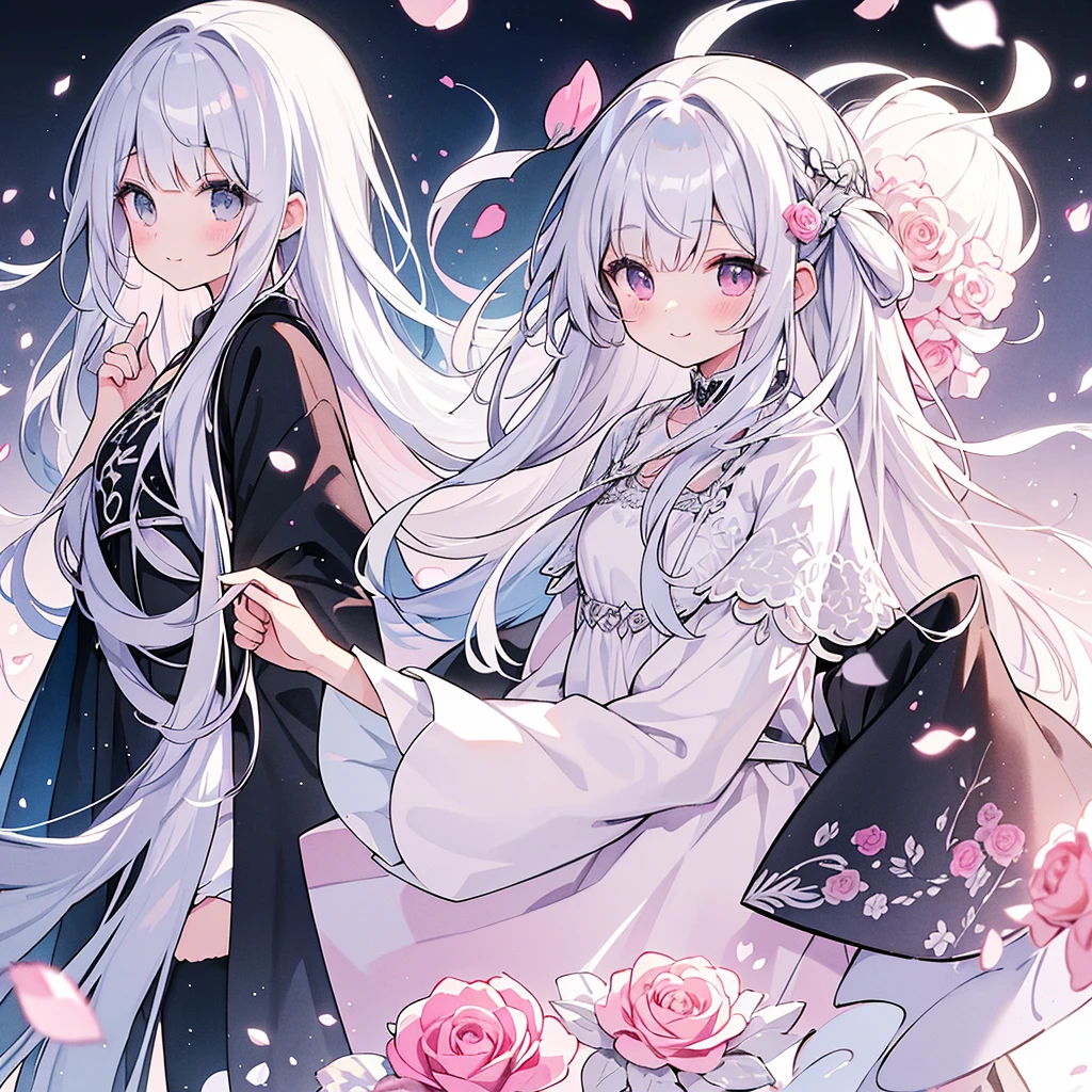 Transparent watercolor、、Beautiful layout and motif、Depth of written border、smile、1 person、Silver Hair((Medium Hair、Straight Hair))、White bristles、Fashionable design clothes、Background white、Rose petals、cute、black and pink goth、