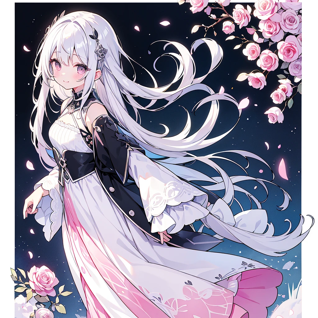 Transparent watercolor、、Beautiful layout and motif、Depth of written border、smile、1 person、Silver Hair((Medium Hair、Straight Hair))、White bristles、Fashionable design clothes、Background white、Rose petals、cute、black and pink goth、