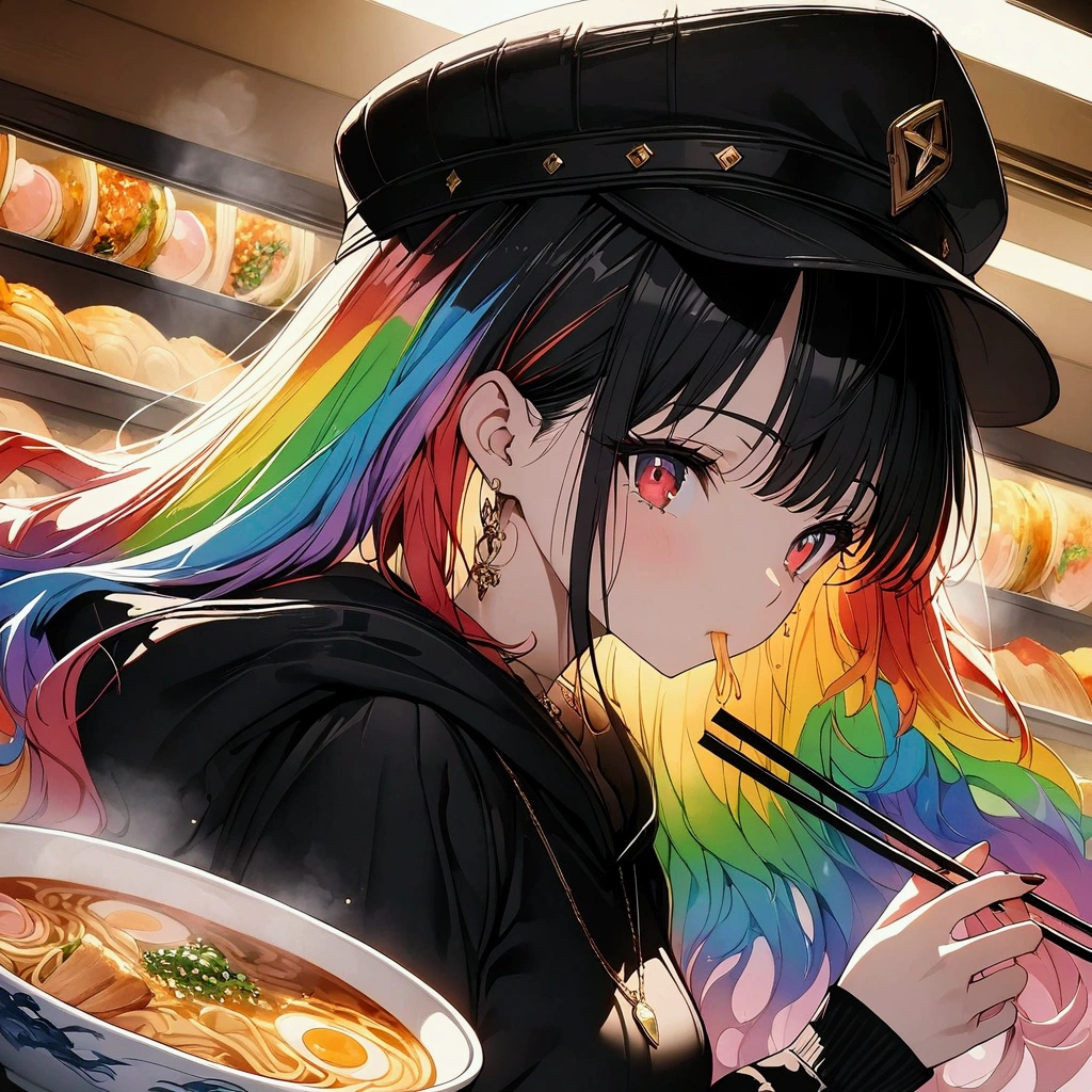 (((anime))) One Woman,Eating ramen,Using chopsticks,Long Hair,Tuck hair behind ears,(Rainbow Hair),Bangs parted in the center,necklace ((Red eyes)),Big Eyes,Profile Black hoodie,Cap ,Inside the food stall,steam,Backlight,masterpiece,Highest quality,Exquisite,8k,Absurd,Ultra-fine illustrations,(View your audience)