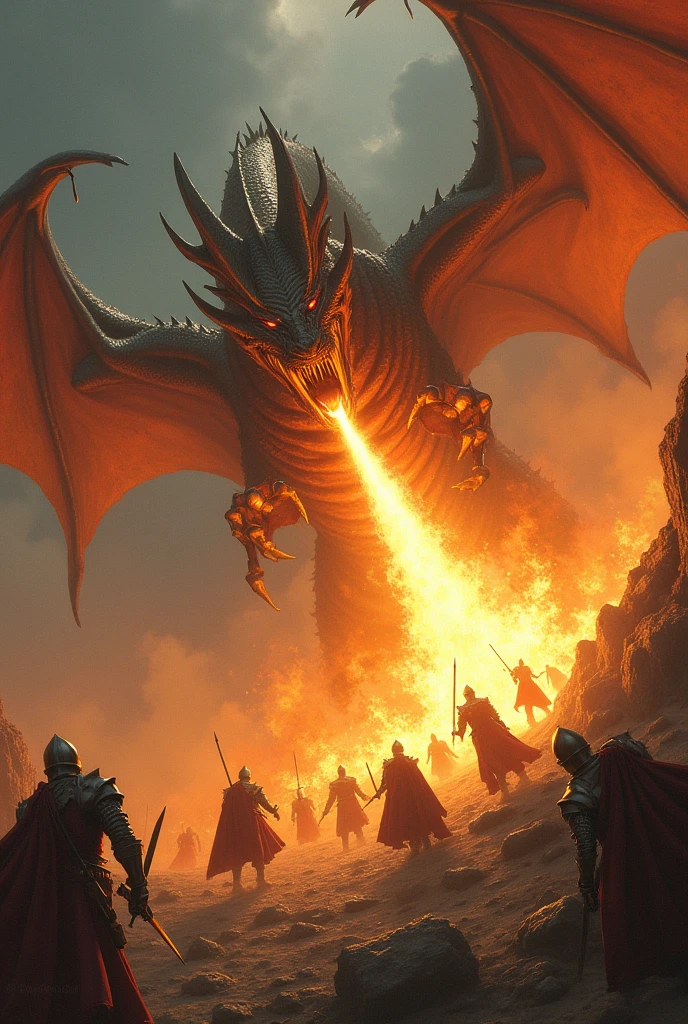might and viscious dragon spiting fire burn knights from the sky, few knights run away from the dragon, soft lighting, realistic, intricate details, warm colors, by Greg Rutkowski, by Alphonse Mucha
