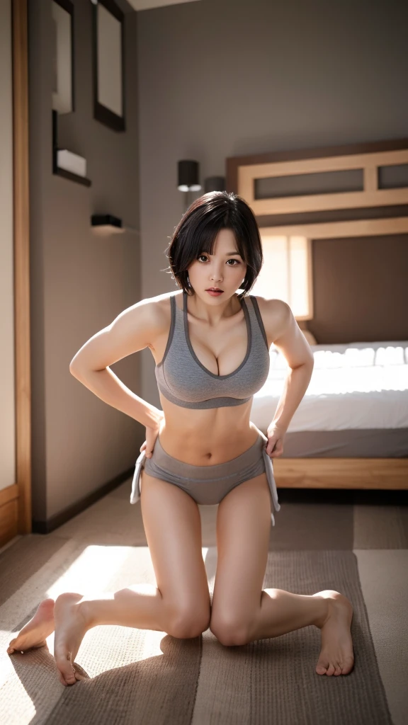 (Best quality, 8k, 32K, Masterpiece, uhd,:1.2), Japanese woman, ultra-detailed face, detailed eyes, highly detailed lips ,BLACK hair, slender figure, 、Room Background、Simple Background、short hair、Anatomically correct, Angry face、barefoot、Wall Background, Bob Hair, Grey underwear、underwear、Grey clothes、Sports Bra、Sports underwear、Natural Feet、白い肌、手を後ろに