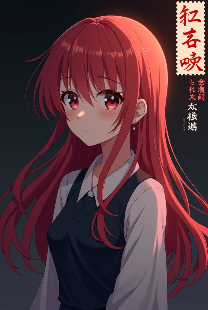 ( solo, half body photo 16:9, horizontal), (Anime girl, long hair, red clothes, neutral face), (dark background japanese), and a Japanese stamp in the right