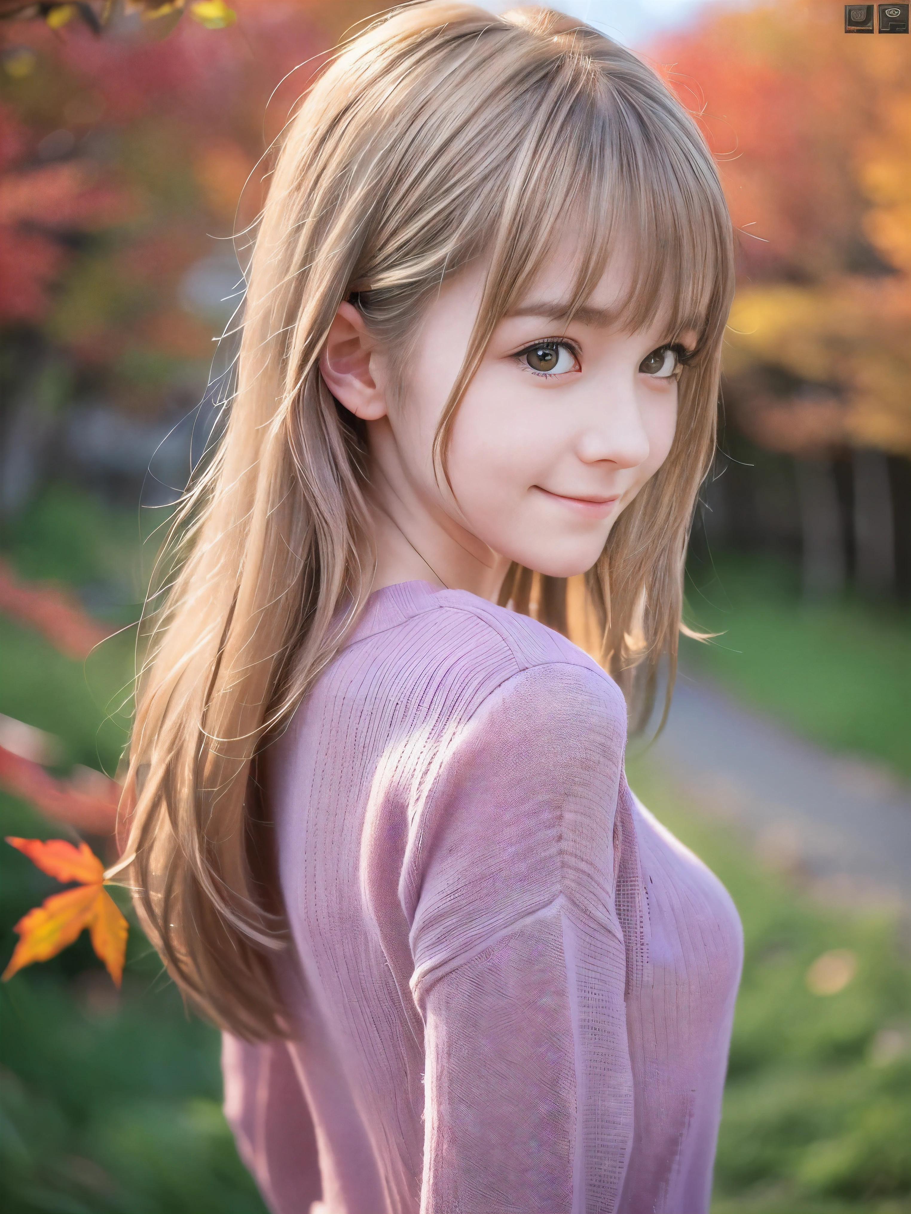 (Close up face shot of one slender small breasts half up blonde long hair with bangs girl in a long sleeves shirt and sweater and skirt:1.5)、(One blonde hair girl is dlooking back with sad smile on the dart road near the lake and big waterfall in Japan:1.5)、(Beautiful sunset time with autumn red leaves and mountain:1.5)、(Natural light:1.5)、(8k ultra detailed master piece:1.5)、(perfect anatomy:1.5)、(Photorealistic stick:1.5)、(Raw photo:1.3)、(highest quality:1.5)、(High resolution:1.3)、(Delicate and beautiful perfect face:1.3)、(Delicate and beautiful eye air skin:1.3)、(Real Human Skin:1.3)、((thin legs))