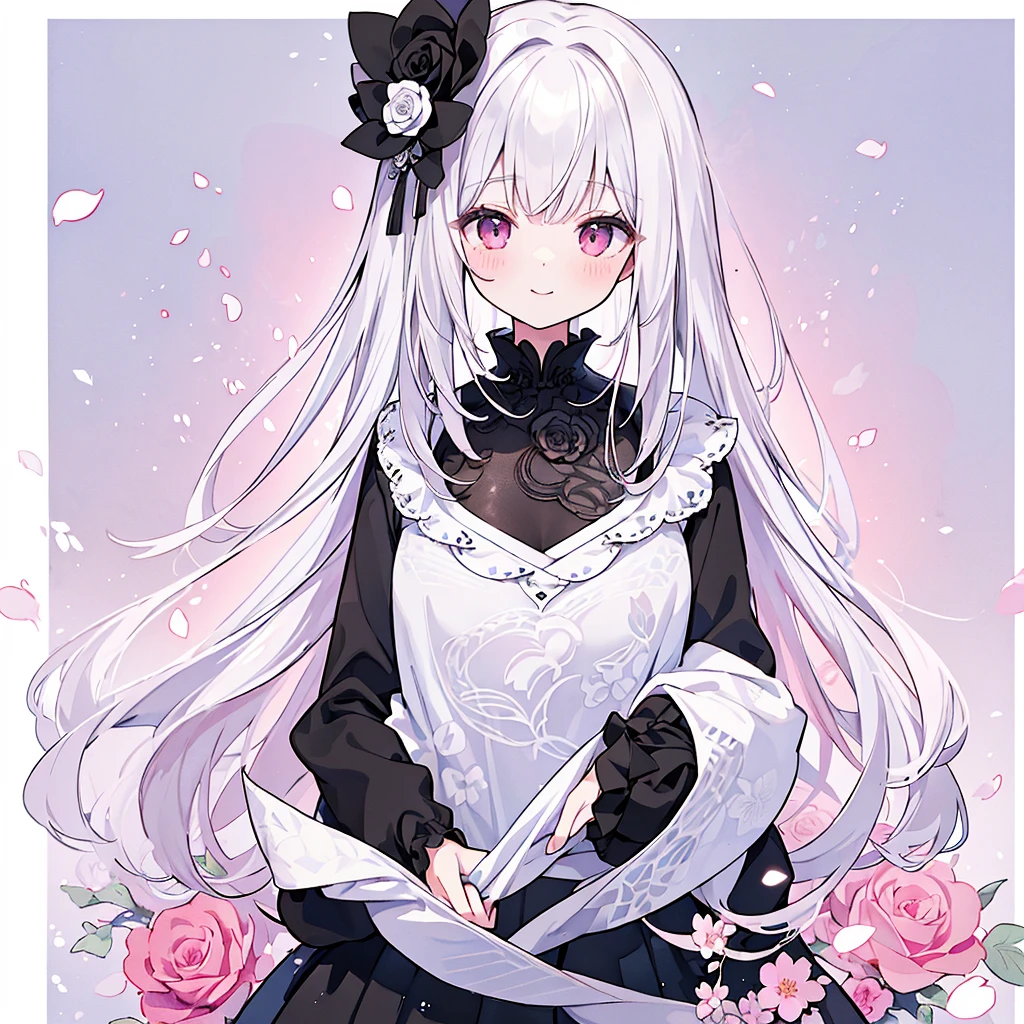 Transparent watercolor、、Beautiful layout and motif、Depth of written border、smile、1 person、Silver Hair((Medium Hair、Straight Hair))、White bristles、Fashionable design clothes、Background white、Rose petals、cute、black and pink goth、