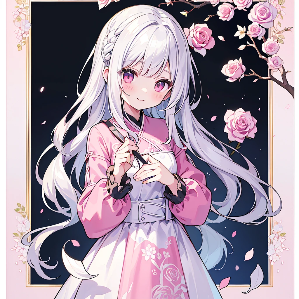 Transparent watercolor、、Beautiful layout and motif、Depth of written border、smile、1 person、Silver Hair((Medium Hair、Straight Hair))、White bristles、Fashionable design clothes、Background white、Rose petals、cute、black and pink goth、