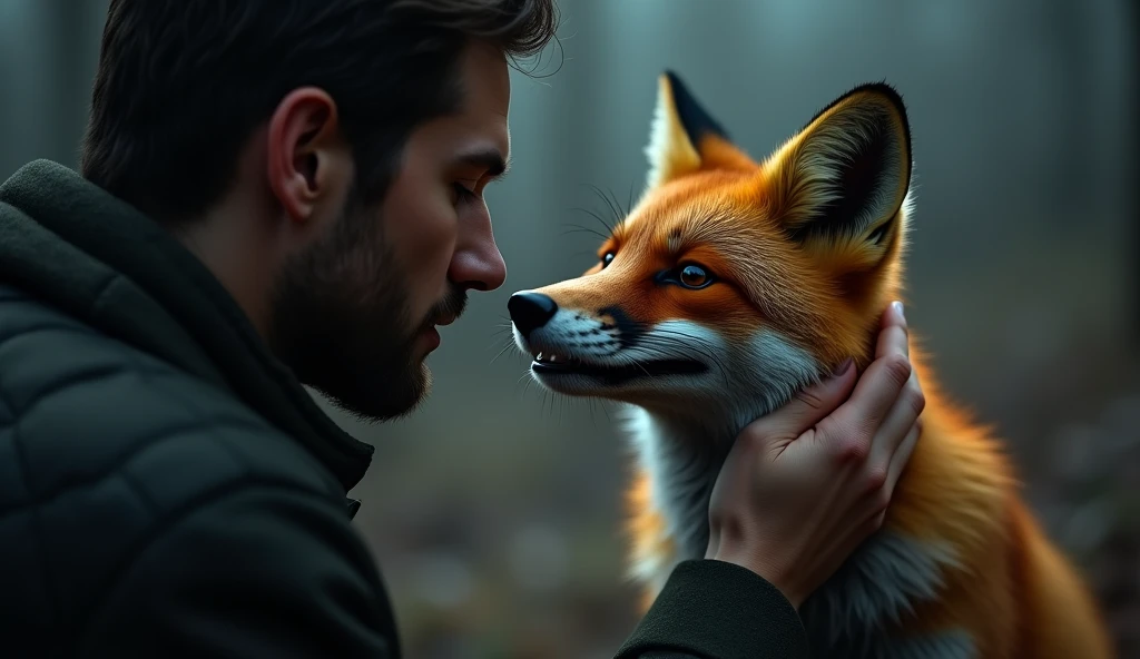 There is a shadow、Photorealistic、Ultra HD、A man is touching a fox&#39;s head、The fox is smiling a lot、Side view