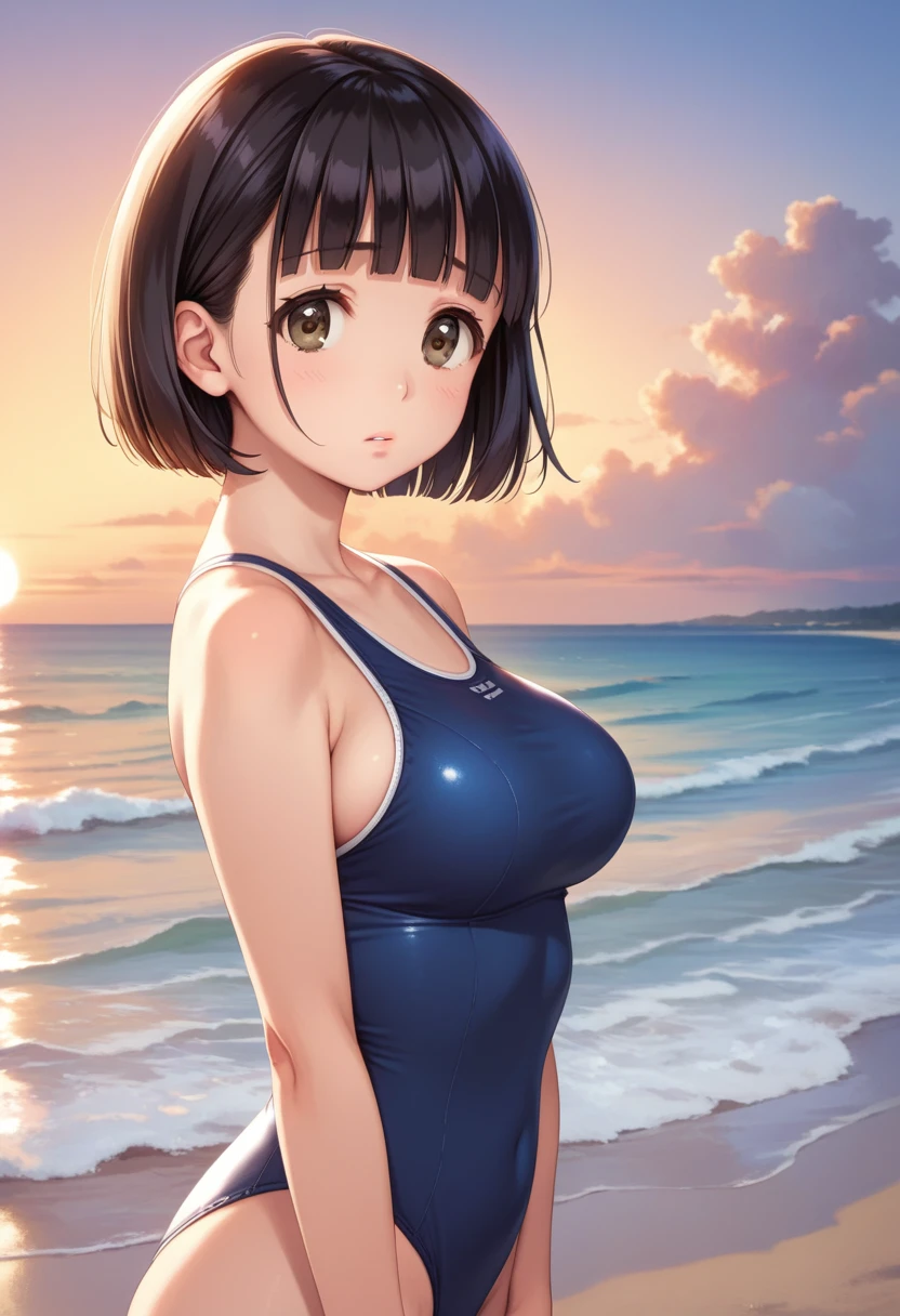 score_9,score_8_up,score_7_up,masterpiece,best quality, source_anime, realistic, super detailed, extreme detailed, rating_safe, 
1girl, standing, from side,  upper body,
BREAK 22yo, short hair, bob cut, (blunt bangs), black hair, (tareme, detailed cute brown eyes), curled eyelashes, (large breasts:0.9), 
shiny hair, beautiful detailed eyes, beautiful face, 
one-piece swimsuit,
sad, parted lips,
outdoors, beach, sunset,