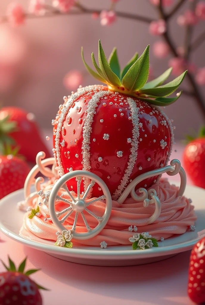 The strawberry on top turned into a beautiful carriage, red and white, with a delicious strawberry aroma filling the air, making the moment even more magical and surreal.