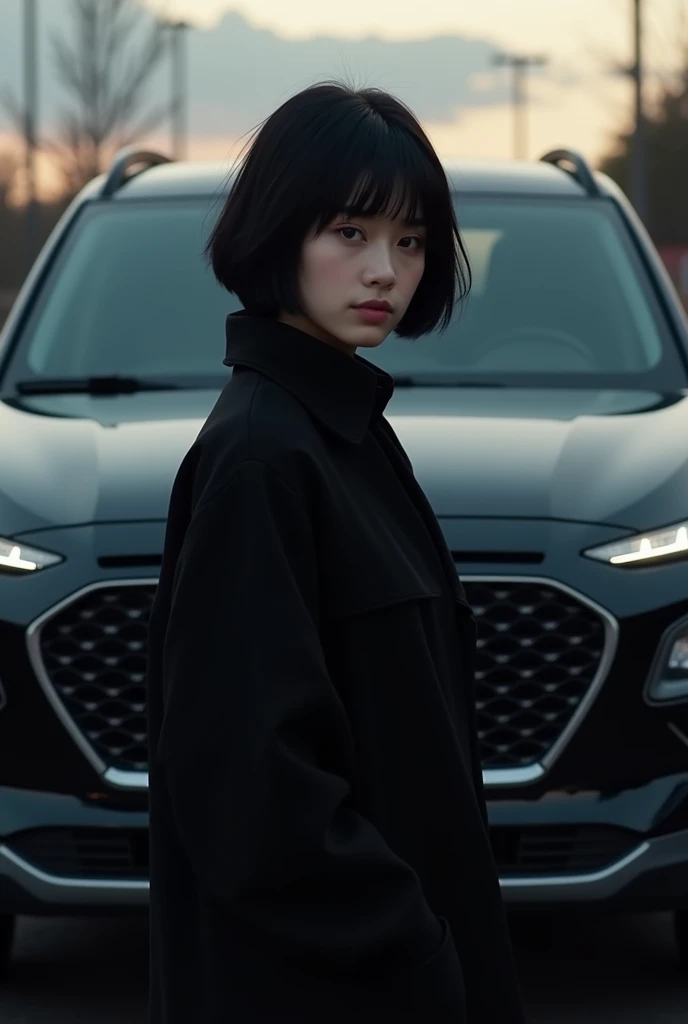 Une fille brune de 20 ans courte de taille au cheveux noirs pas longs et habits noirs devant une hyundai creta noire