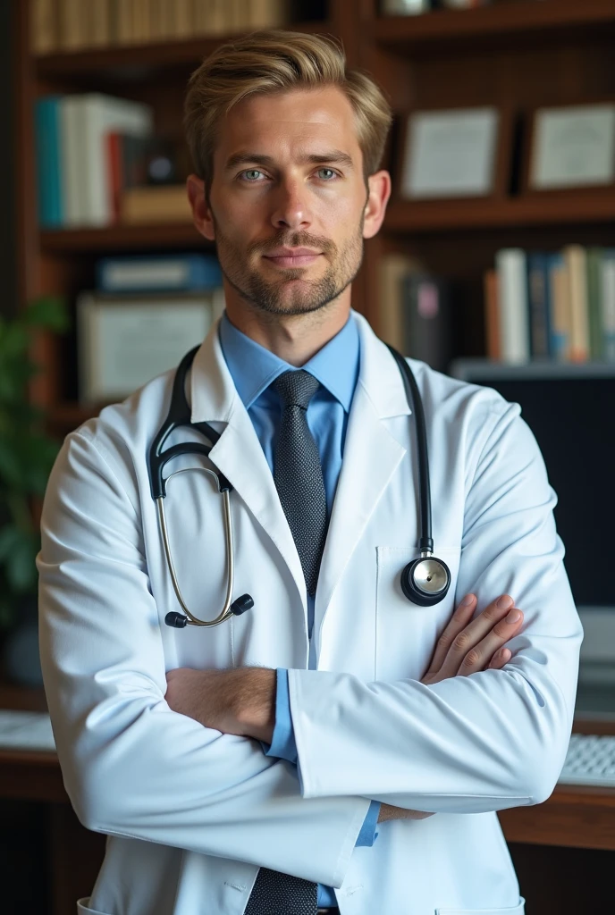 Create a photo of a strong doctor with well-cut hair and blue eyes, photo taken inside his office, leave him with blonde hair