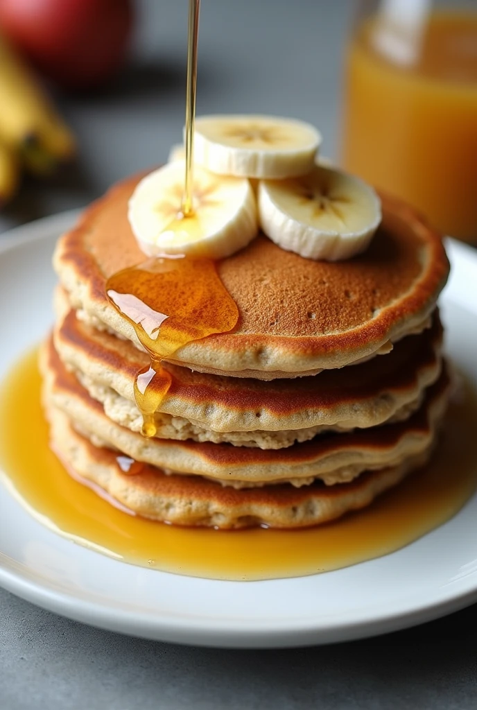 Oatmeal Pancake: A stack of oat pancakes garnished with banana slices and honey.
Centered for cropping appearing 100% of the plate