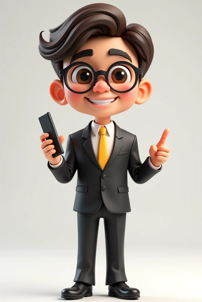 A full body 3D cartoon character. He has a friendly appearance, charismatic and is smiling. The character is a young man with fair skin, dark brown straight hair, bushy eyebrows, big brown eyes and wears glasses. His behavior is cheerful.
The character is dressed formally, wearing a black suit with a yellow tie.
With one hand she is holding a cell phone and with the other she is pointing at the cell phone. The background of the image is neutral, which further highlights the character.