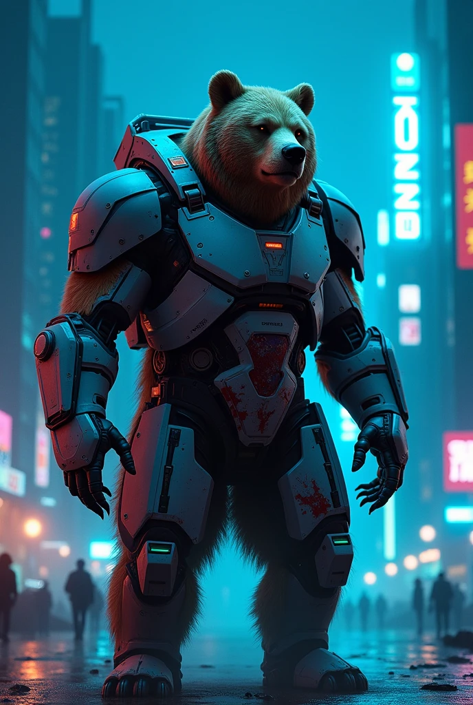  wounded bear in robocostyum in the midnight with blue neonlight