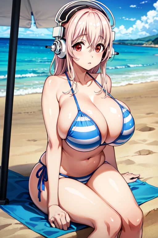 (8k, RAW photo, best quality, masterpiece:1.2),Super Sonico enjoying the beautiful beach scenery, with her red eyes shining and headphones on, sitting on the sand in a white and blue striped bikini, massive breasts, huge breasts, 1girl, solo, masterpiece, high quality, 