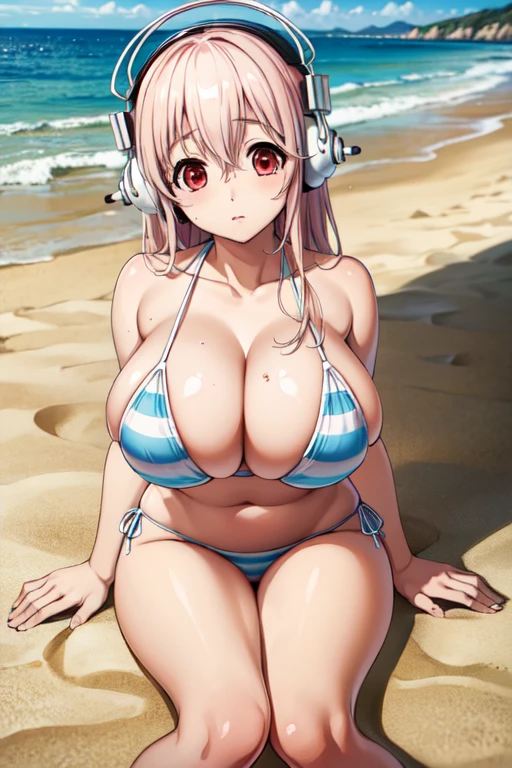 (8k, RAW photo, best quality, masterpiece:1.2),Super Sonico enjoying the beautiful beach scenery, with her red eyes shining and headphones on, sitting on the sand in a white and blue striped bikini, massive breasts, huge breasts, 1girl, solo, masterpiece, high quality,
