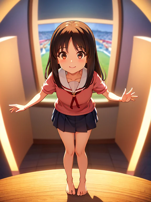 (masterpiece, Highest quality:1.2),figure,8k,High resolution,1 person,alone, (((masterpiece))),(((Highest quality))),(((Very detailed))), figure, 1 person, Azumanga Daioh, Ayumu Kasuga, Azumanga Daioh's , Sailor collar, , Seraph, smile, Seraphクローズ, boca abierta alone, Bright colors, bright, Strike a bold pose,(Brown eyes), whole body, barefoot, Volumetric lighting, Multicolored Eyes, Fine grain, Very detailed, light smile, Very detailed, beautiful, The finer details, Ultra-detailed, Highest quality, Complex, 4K, 8k, Art Station Trends, Excellent anatomy, beautiful lighting, Awards, Small breasts, indoor，