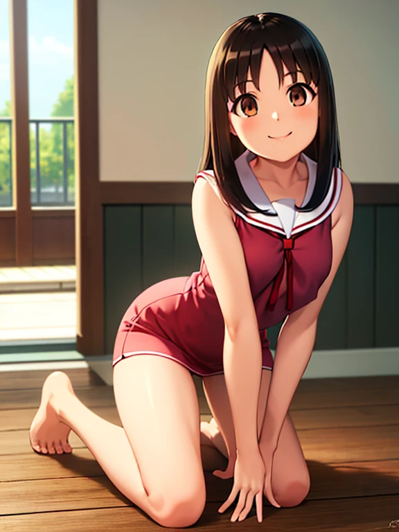 (masterpiece, Highest quality:1.2),figure,8k,High resolution,1 person,alone, (((masterpiece))),(((Highest quality))),(((Very detailed))), figure, 1 person, Azumanga Daioh, Ayumu Kasuga, Azumanga Daioh's , Sailor collar, , Seraph, smile, Seraphクローズ, boca abierta alone, Bright colors, bright, Strike a bold pose,(Brown eyes), whole body, barefoot, Volumetric lighting, Multicolored Eyes, Fine grain, Very detailed, light smile, Very detailed, beautiful, The finer details, Ultra-detailed, Highest quality, Complex, 4K, 8k, Art Station Trends, Excellent anatomy, beautiful lighting, Awards, Small breasts, indoor，