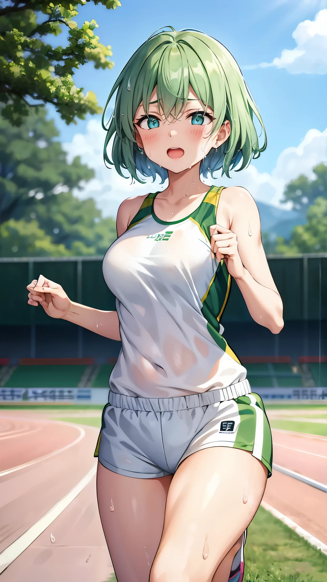Short green hair, Small size breasts,、Green Eyes, 、,Full body photo from head to toe、Track and field athlete、、、Uplifting、Leaning forward、、walk short distance、running、A toned and toned body、Desperate、(((Sweat)))、Uplifting、A moving picture、Expressing high speed、Shorts、Run at full speed、