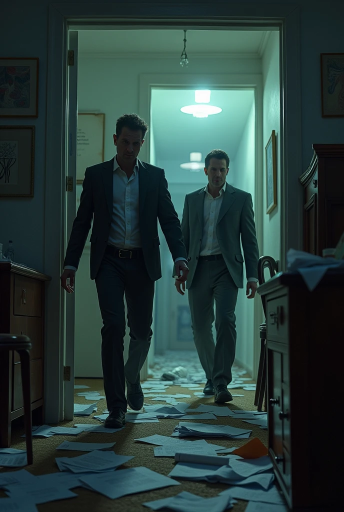 Two man surrounded by terrorist in a house where everything is messed up at night and searching for a file named terrorists details