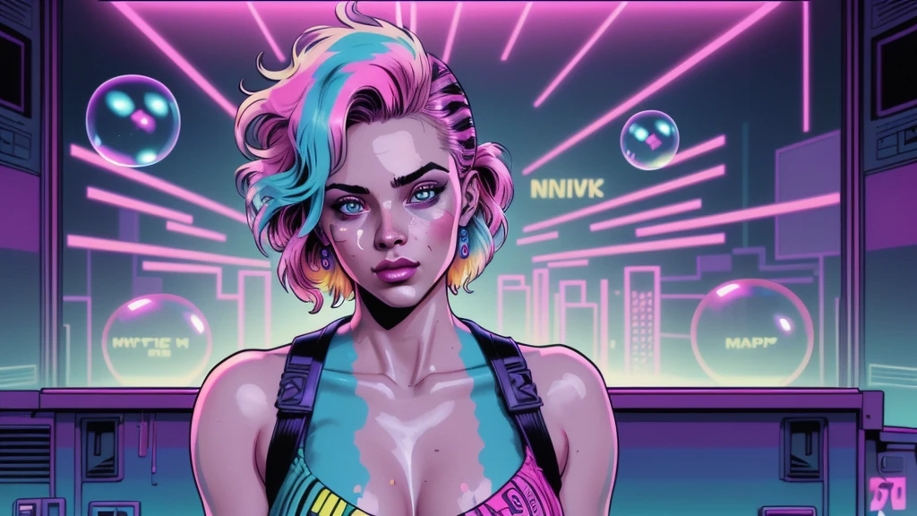 synthwave punk style, vaporwave style, synthwave, vaporwave colors, nvinkpunk, drunken beautiful woman as delirium from sandman, (hallucinating colorful soap bubbles), by jeremy mann, by sandra chevrier, by dave mckean and richard avedon and maciej kuciara, punk rock, tank girl, high detailed, 8k, outrun, neon outlines, illustrated, one people,