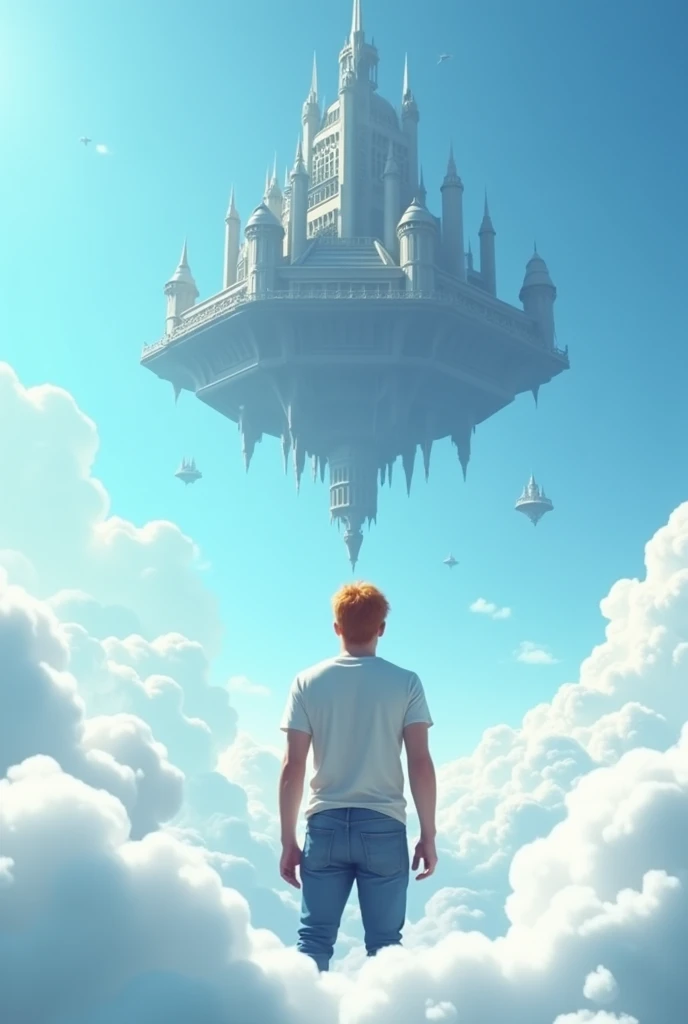 A cinematic medium shot of a man with reddish-blonde hair wearing a t-shirt and jeans. He is standing knee-deep in clouds, between fluffy white clouds and looking at a magnificent fantasy city with intricate details. The city is floating in the air above the clouds, with small defensive towers flying around it. The background is a clear blue sky. The city has a heptagonal shape, with corner towers connected to the central part by galleries and passages. The city's design is strict yet graceful, combining futuristic and traditional architectural elements. It soars high in the sky in the air far away. The city has a fantasy look with a futuristic twist, and the flying towers serve as defense structures.