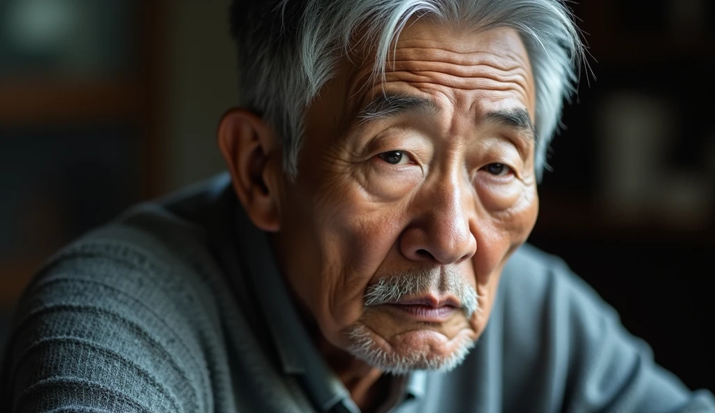 old Korean man of age around 55 years wearing grey sweater, close up, his upper body is in frame