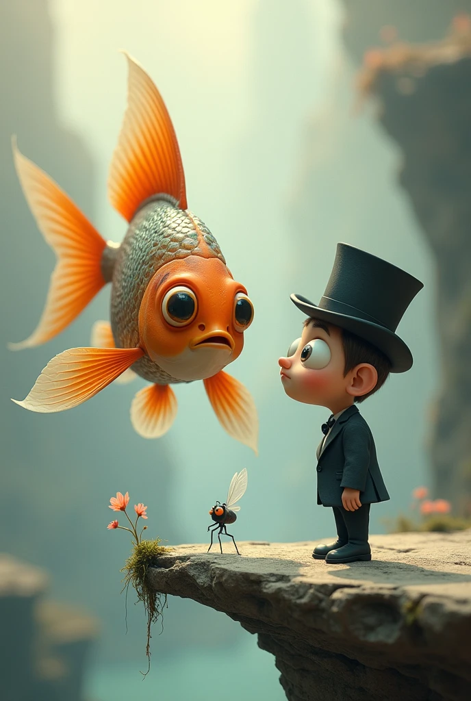 In a surreal, dreamlike setting, a large, anthropomorphic fish hovers in mid-air, its scales shimmering with subtle iridescent hues, and its large, round eyes, large eye ball, fat body, funny face, full of curiosity. The fish has vibrant orange fins that fan out gracefully, with delicate, translucent edges that catch the light. It faces a peculiar, a cartoonish boy who is dressed in a perfectly tailored black suit, laughing, complete with a crisp white shirt and a tall, slightly tilted top hat. The boy’s head is disproportionately large, exaggerated popped eyes that mirror the fish's inquisitiveness. His expression is one of intense focus, goofy as he leans precariously forward on the edge of a weathered platform, his hands clasped behind his back. Between them, a tiny, delicate insect with gossamer wings hovers, seemingly frozen in the moment. The background is an ethereal, muted blend of soft grays, beiges, and blues, with faint, abstract textures that enhance the otherworldly atmosphere of the scene. A single, fragile flower grows from a crack in the platform, adding a touch of whimsy to the already fantastical environment