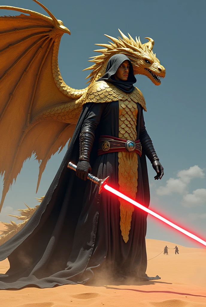 A Sith Lord from Star Wars, Dragon with wings, golden Skin, golden Cape with coak, red lightsaber, in desert, dark light, ultra-realistic, detailed