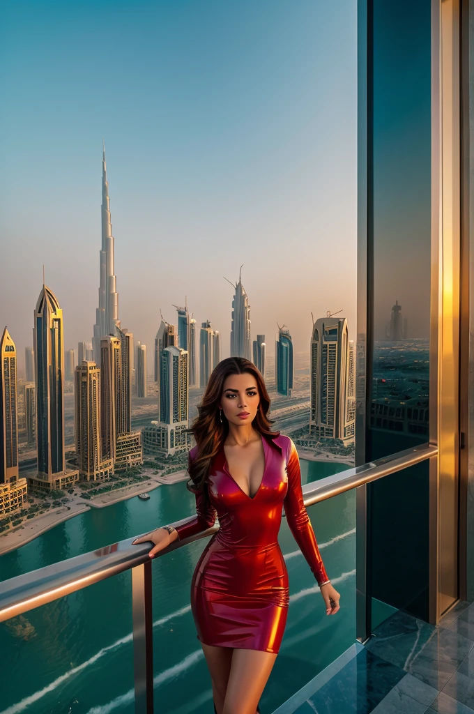 A beautiful female model wearing a red latex dress, standing on the balcony of a 50th floor luxury hotel in Dubai, (best quality,4k,8k,highres,masterpiece:1.2),ultra-detailed,(realistic,photorealistic,photo-realistic:1.37),1girl,beautiful detailed eyes,beautiful detailed lips,extremely detailed eyes and face,longeyelashes,elegant pose,dramatic lighting,cityscape,wealthy hotel,dubai skyline,golden hour,cinematic,vibrant colors,dramatic shadows