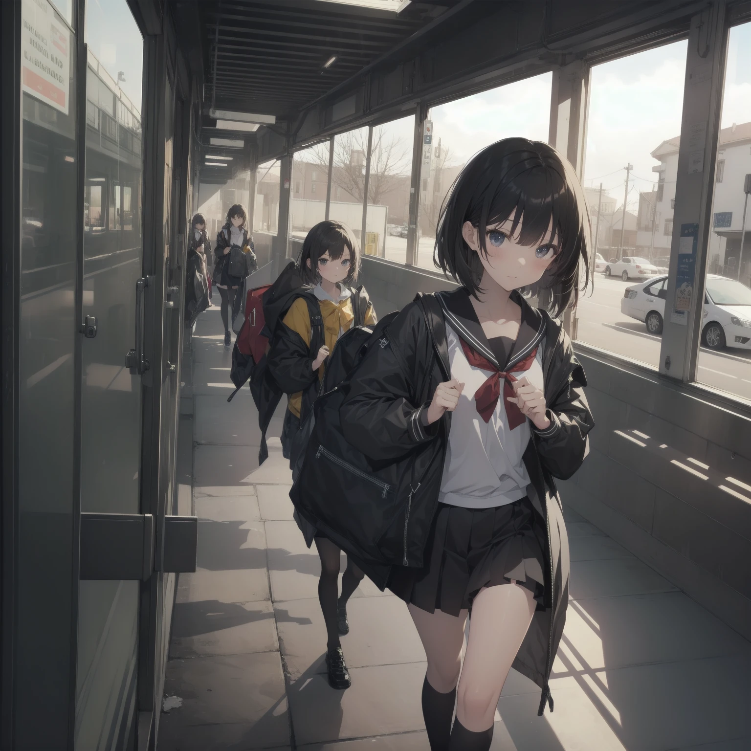 ultra-absurdres-Top quality by artist God, ultra-detailed, high resolution, anime moe artstyle, best anime 8k konachan wallpaper, pixiv contest winner, pool:2810, perfect anatomy,break, 1girl, (Please draw a girl walking sleepily to school alone. )break,(Solo,little female,:1.3),Full limbs, ,a junior high school student, (very short hair), short cut, flat chest, , small butt, small black eyes, beautiful detailed eyes, well-proportioned iris and pupils, expressive eyes, highres detailed hair, soft expression, salor school_uniform, sailor collar, serahuku, bow, pleated skirt,(Detailed Lighting), (Detailed background), in the School commute route. break,super detailed skin, Best cinematic lighting powered by famous artist, 8k,beauty illustration,photoshop_(medium),very aesthetic,break,((artist:merunyaa )), artist:clamp ,artist:carnelian ,artist:kantoku ,