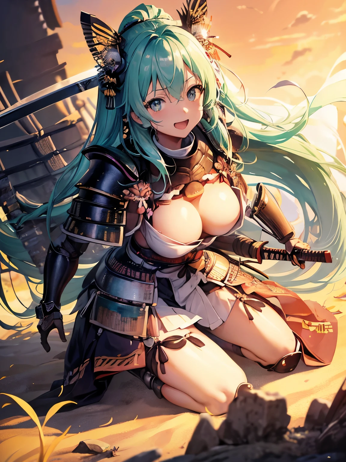 Hatsune Miku ,(((anime-style cute face)))、Highest quality、超High resolution、High resolution、Extremely detailed CG、8K Unit Wallpaper, Very smiling, (((Cute beautiful breasts))), Beautiful and seductive,Highest quality, Best Anatomy, ((Samurai Armor:1.6))、Big thighs、Muscular、Depth of written boundary、Focus is on the face、blush、Lewd、Model pose、Close-up of face and chest、(Healthy female body)、looking at the camera、grassland、Shot with a standard lens、Photographed from diagonally in front、Full body view、With a bow、Hinomaru Flag、Battle Scenes、Battle on the beach、Arrows fly、Many warriors fighting behind!