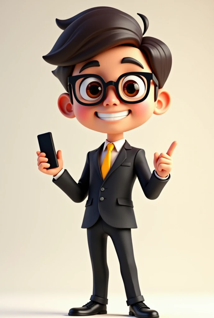 A full body 3D cartoon character. He has a friendly appearance, charismatic and is smiling. The character is a young man with fair skin, dark brown straight hair, bushy eyebrows, big brown eyes and wears glasses. His behavior is cheerful.

The character is dressed formally, wearing a black suit with a yellow tie.

With one hand she is holding a cell phone and with the other she is pointing at the cell phone. The background of the image is neutral, which further highlights the character.