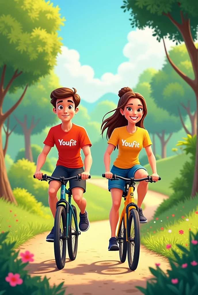 cartoon man and woman riding bikes in a park with t-shirts saying youfit