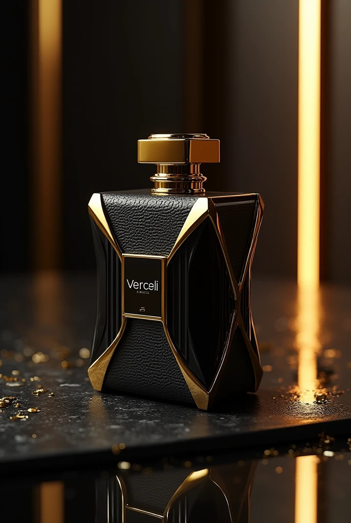Perfume with the name Vercceli with the different black and gold bottle