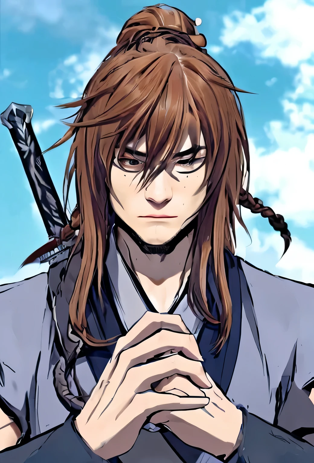 Generate a realistic, detailed human version of a young man with long, auburn hair tied in a topknot, sharp facial features, and intense eyes. He should have a calm yet determined expression, wearing a traditional warrior outfit with a sword visible on his back. The background should resemble a clear sky, keeping the overall look heroic and focused. Just like the image that give